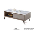 White-top coffee table with grey drawer, brown shelf and dimensions