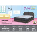 Dreamster Stardust mattress on a brown upholstered bed, with dimensions, features and a size-price table