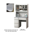 Light grey desk with left drawer pedestal, upper shelves, glass-front cupboard and tabletop inset