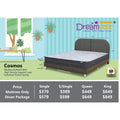 Dreamster Cosmos mattress on a brown upholstered bed, with dimensions, features and a size-price table