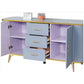 Stylish Blue Ribbed Side Cabinet with Gold Accents and Tempered Glass Top Grandeur Furnishings
