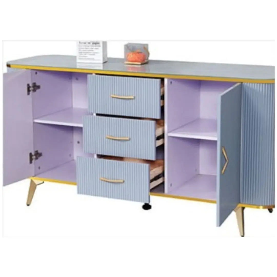 Stylish Blue Ribbed Side Cabinet with Gold Accents and Tempered Glass Top Grandeur Furnishings