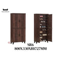 Tall dark wood-look shoe cabinet with open interior view