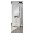 White dressing table with tall mirror and narrow side shelves