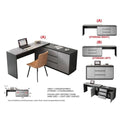 Grey L-shaped desk with left- and right-hand storage configurations, open cupboards and dimension labels