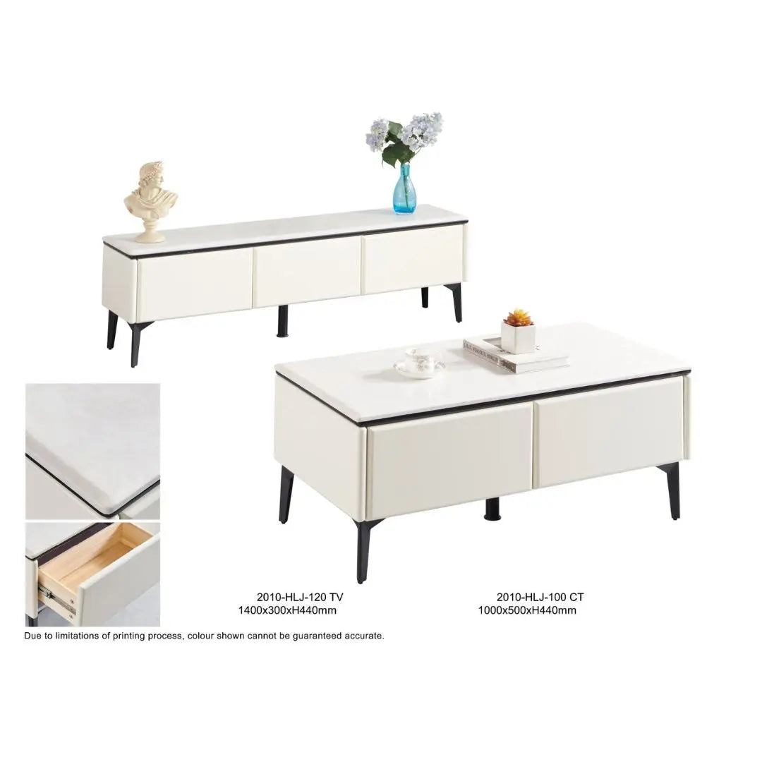 Contemporary TV Console & Coffee Table Set – Sleek White Design, Spacious Storage Grandeur Furnishings