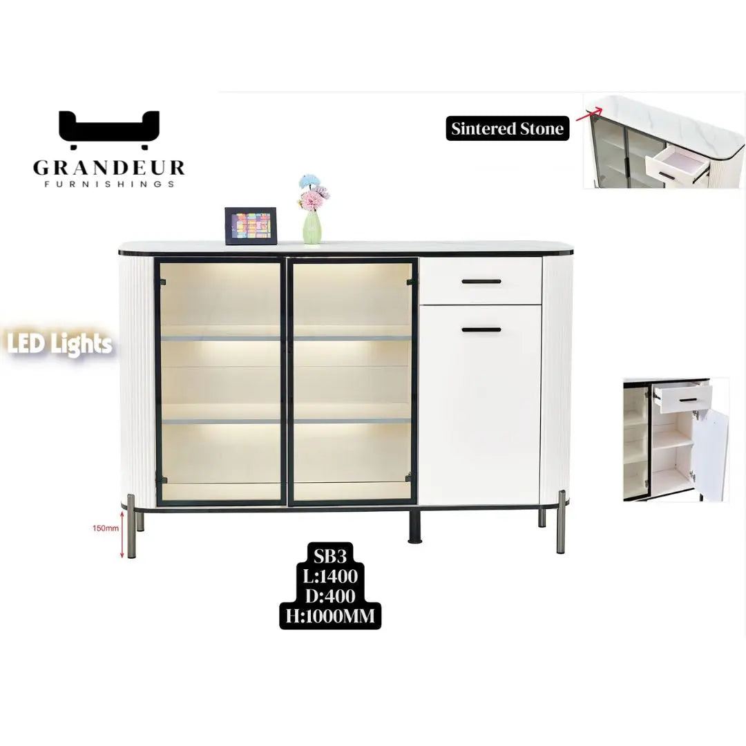 Glass Display Side Cabinet with LED Lights & Sintered Stone Top Storage Solution Grandeur Furnishings