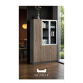 Wood-look book cabinet with central glass doors beside a window