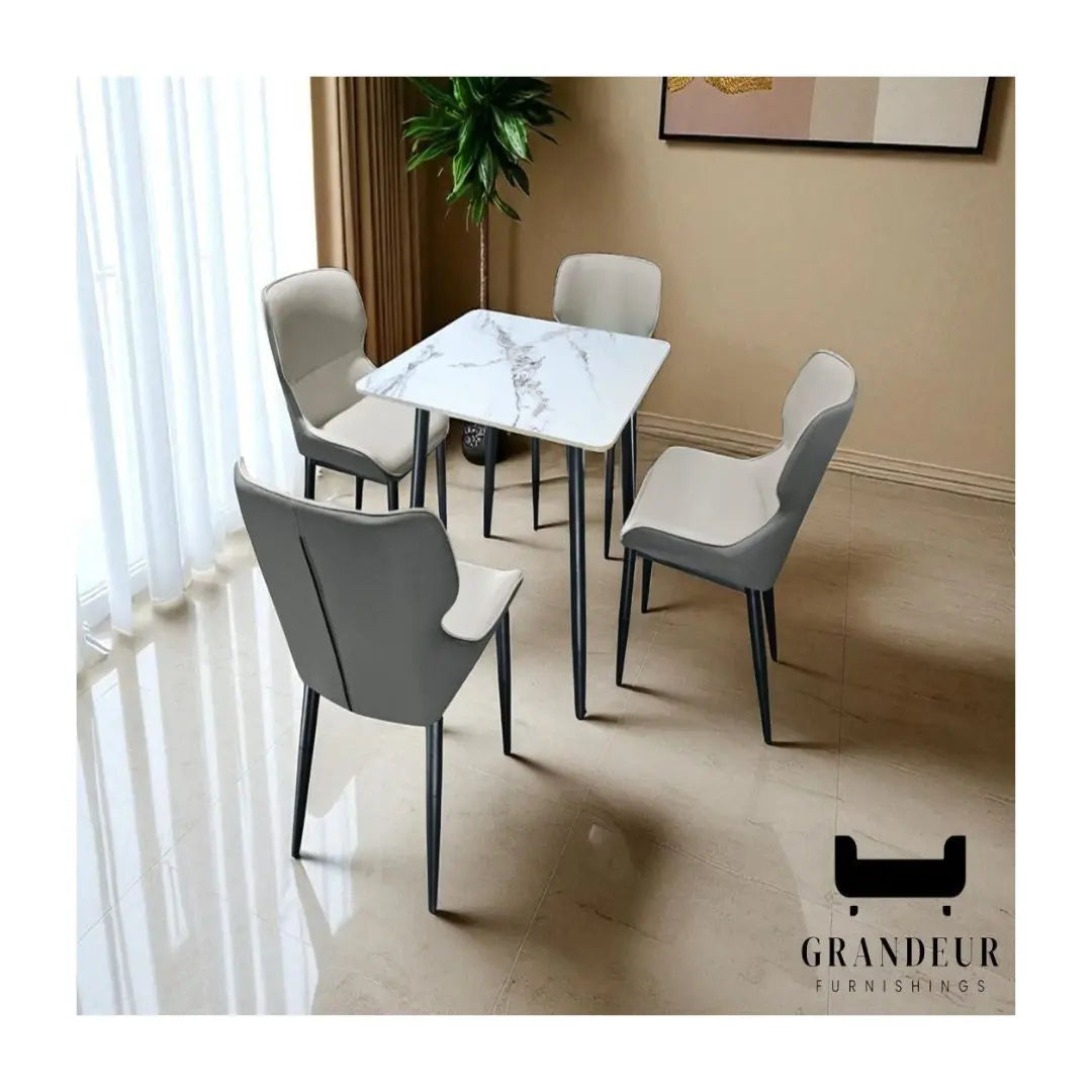 Elegant Marble Square Dining Table Set with Grey Chairs 1+4 Grandeur Furnishings