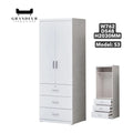 White two-door wardrobe with three drawers, interior and dimensions