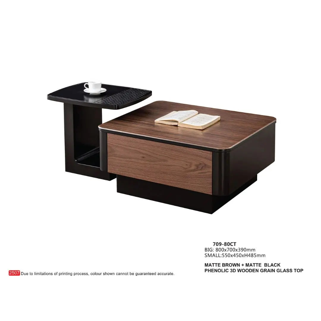 Modern Matte Brown & Black Coffee Table with Phenolic Wood Grain Glass Top Grandeur Furnishings