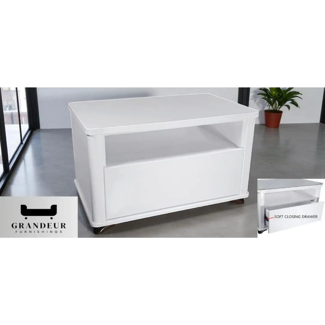 Modern White Coffee Table with Soft-Closing Drawer Grandeur Furnishings