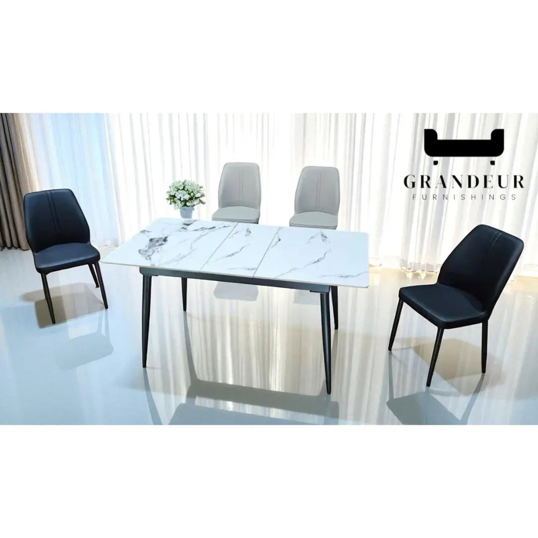 Extendable Sintered Stone Dining Table Set with Black or Beige Chairs 1+4 Grandeur Furnishings