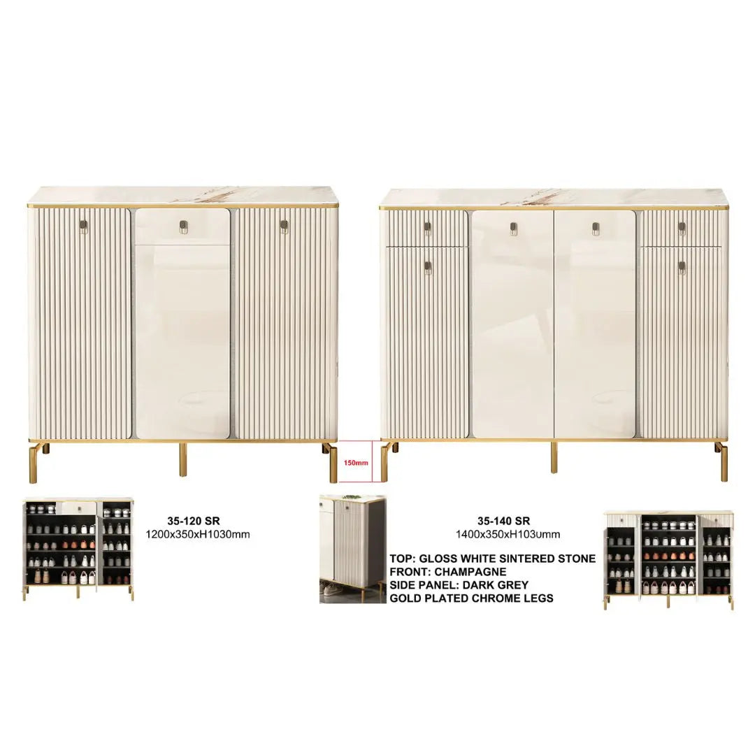 Elegant Shoe Cabinet with Gold-Plated Chrome Legs & Gloss White Sintered Stone Top Grandeur Furnishings