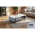 Grey coffee table with open shelf and black loop legs