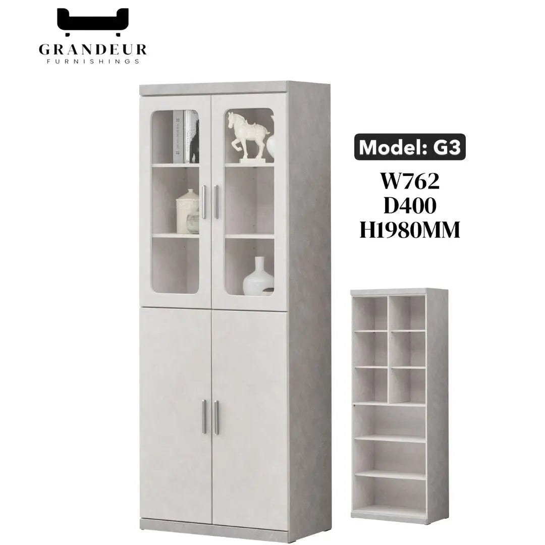 Elegant Light Grey Bookcase Display Cabinet with Glass Doors, Drawers & Shelves Grandeur Furnishings