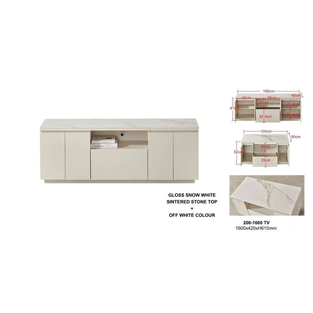 Gloss White TV Console with Sintered Stone Top – Available in 1600mm & 1800mm Grandeur Furnishings