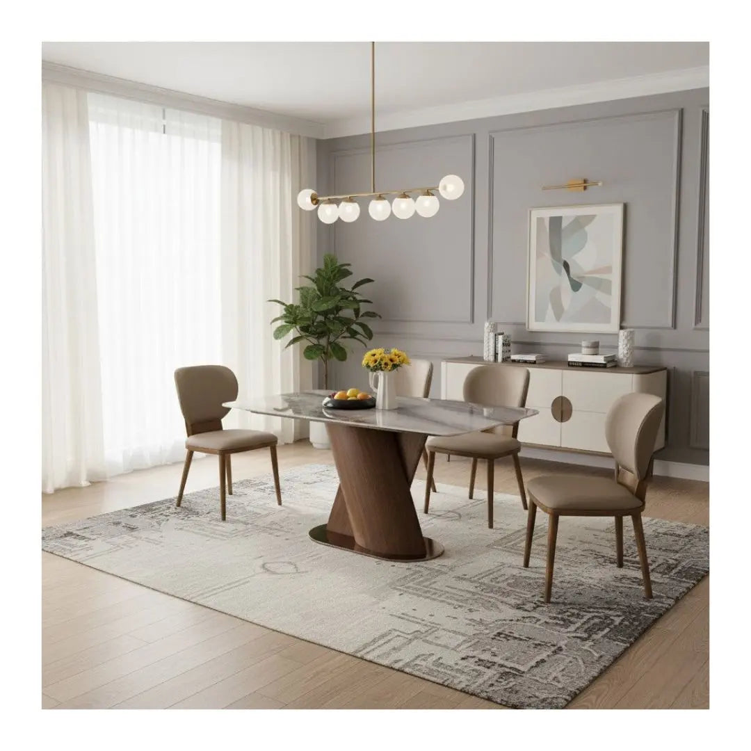Elegant Marble Dining Table Set with Ash Wood Base & Leather Chairs 1+4 Grandeur Furnishings