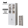White book cabinet with glazed upper doors and solid lower doors