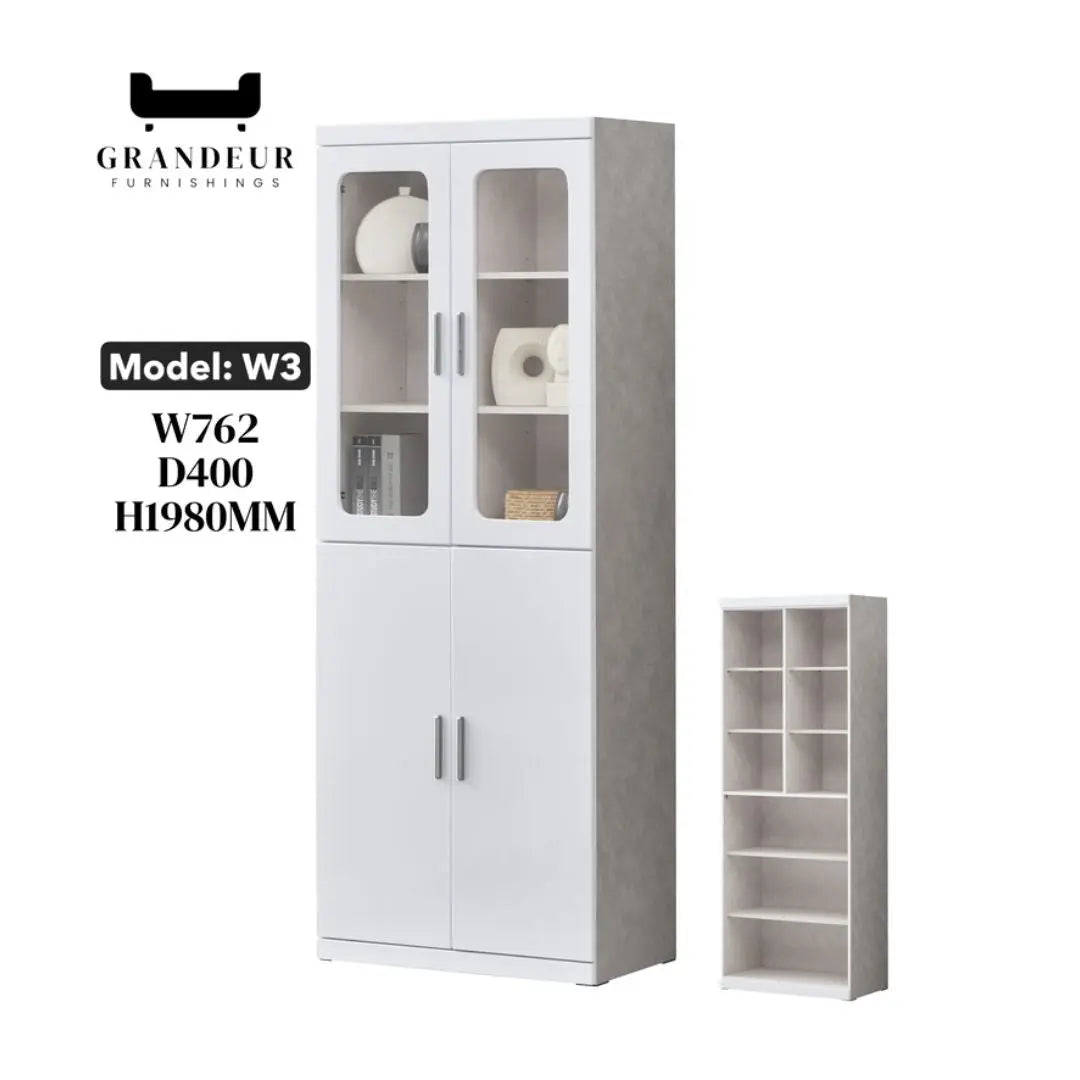 Multi-Storage Book Cabinet with Glass Doors & Drawers – White Finish Grandeur Furnishings