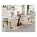 Stone-patterned dining table and cream chairs with material callouts