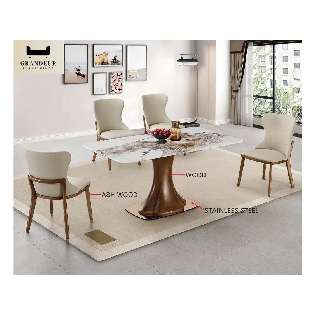 Luxurious Marble Dining Table Set with Ash Wood Base & Elegant Pet Friendly Leather Chairs 1+4 Grandeur Furnishings