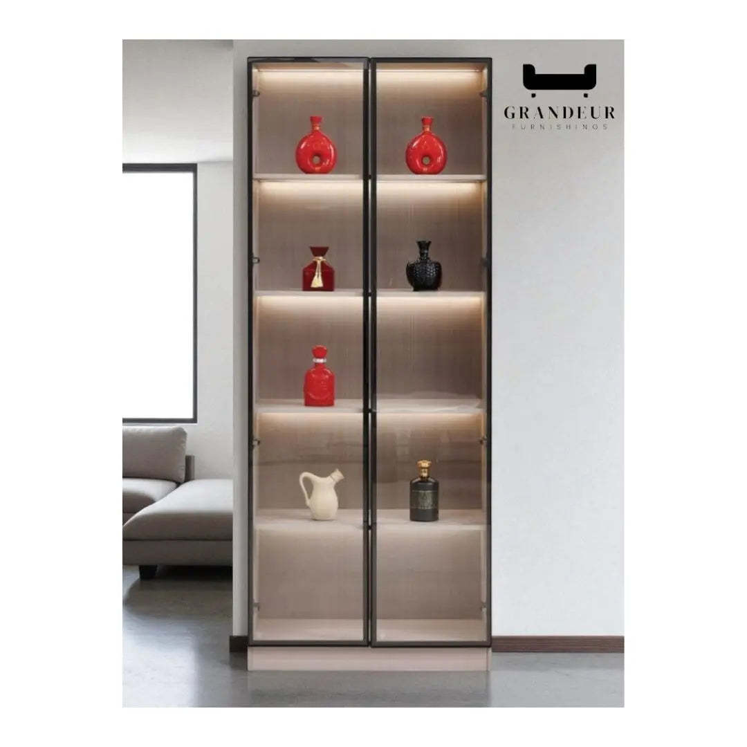 Contemporary Wood-Finish Glass Display Cabinet with LED Sensor Lighting Grandeur Furnishings