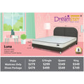 Dreamster Luna mattress on a brown upholstered bed, with dimensions, features and a size-price table