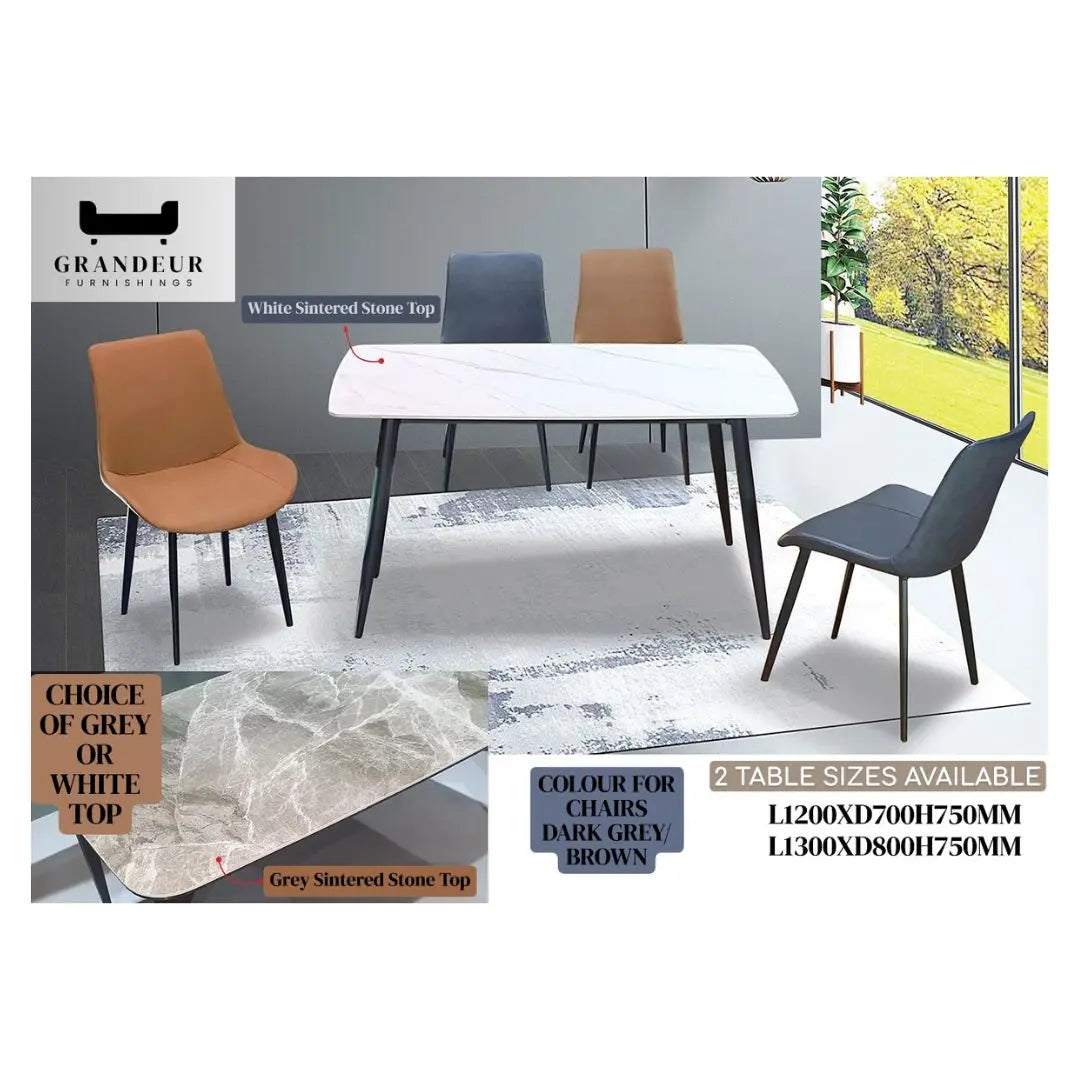 Elegant 1+4 Dining Table Set with Sintered Stone Top – Choice of White or Grey Stone Top with 4 Chairs Grandeur Furnishings