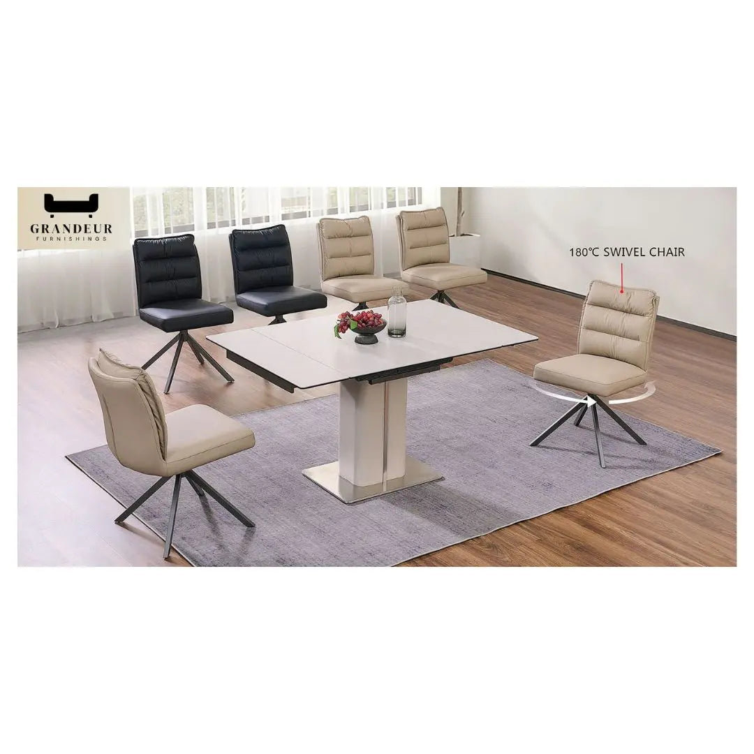 Contemporary Extendable Sintered Stone Top Dining Table Set with 180° Swivel Chairs 1+6 Grandeur Furnishings