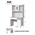 White study desk with mint accent panels, drawer inset and dimensions