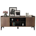 Walnut-look TV console with two doors and central open shelves