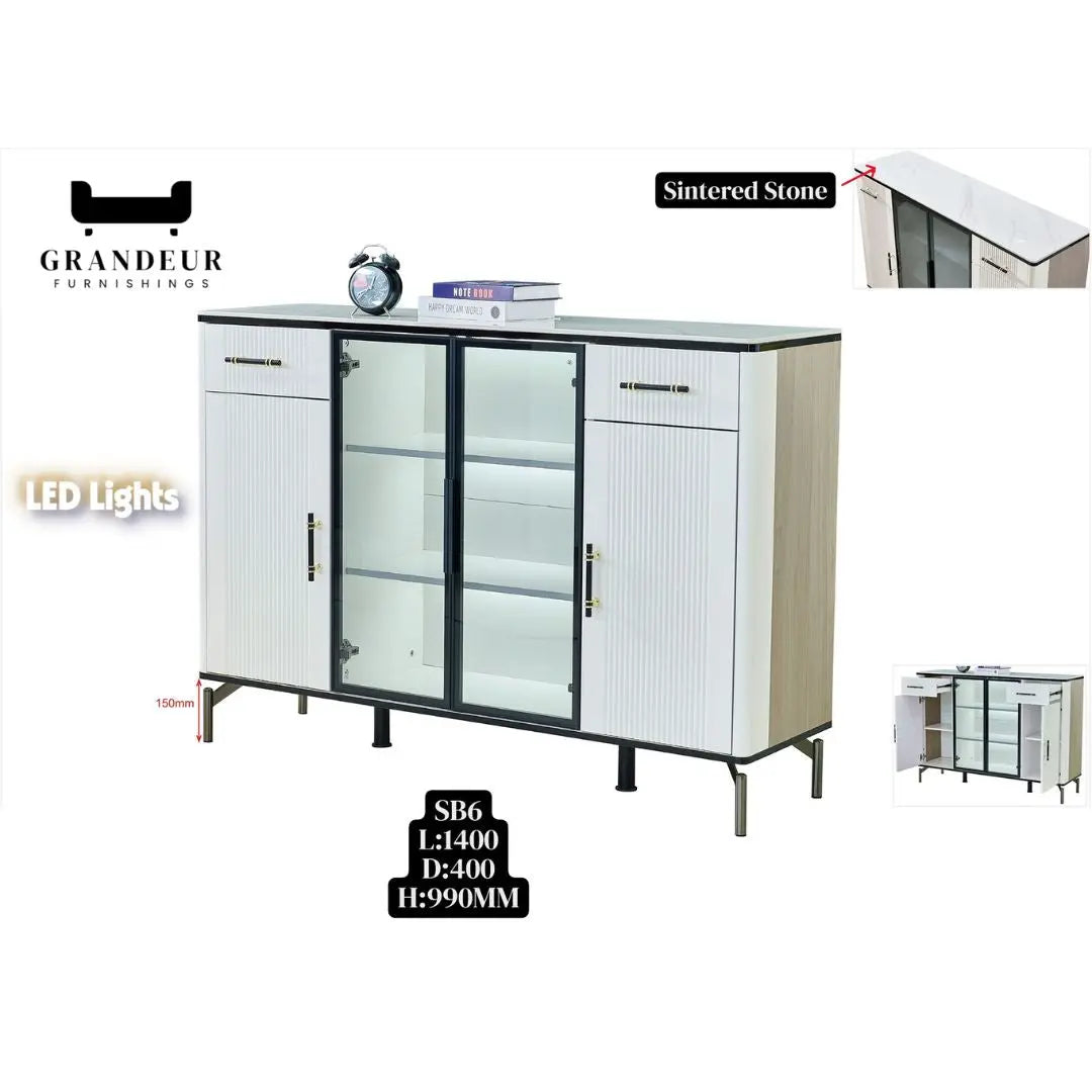 Elegant Side Cabinet with LED Lights & Sintered Stone Top – Modern Design with Glass Doors & Brass Accents Grandeur Furnishings