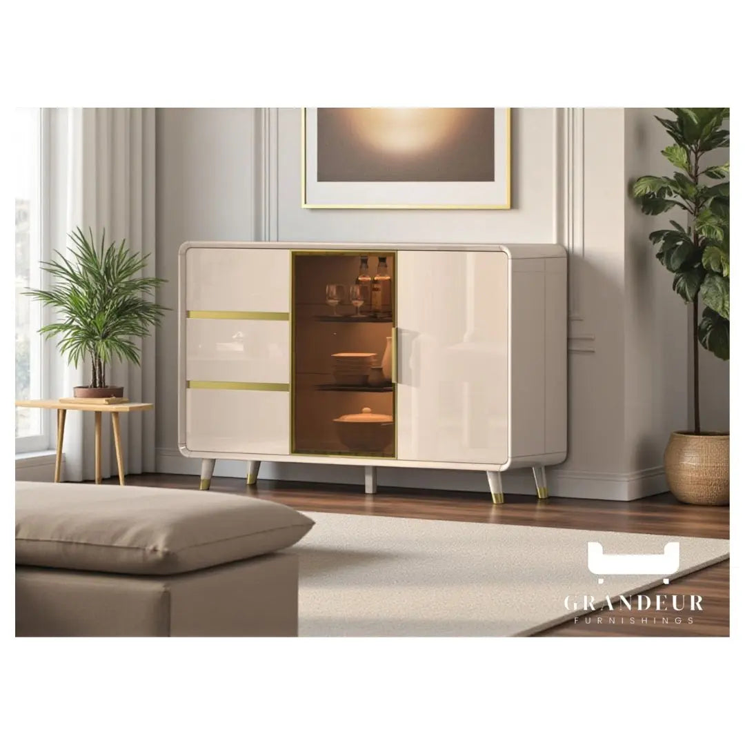 Elegant Gloss Light Khaki Side Cabinet with Gold Chrome Plated Accents & Tempered Glass Grandeur Furnishings