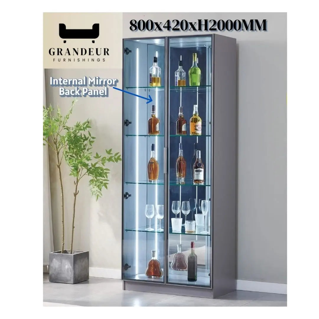 Glass Showcase Display Cabinet with LED & Mirror Back Grandeur Furnishings