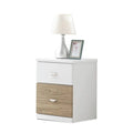 White bedside table with two wood-look drawers