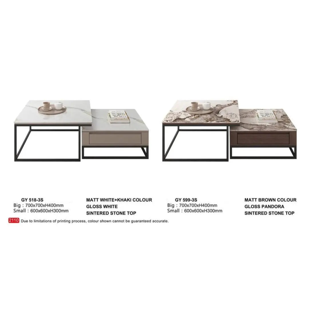 Square Coffee Table Set with Storage Drawers & Gloss Sintered Stone Top Grandeur Furnishings