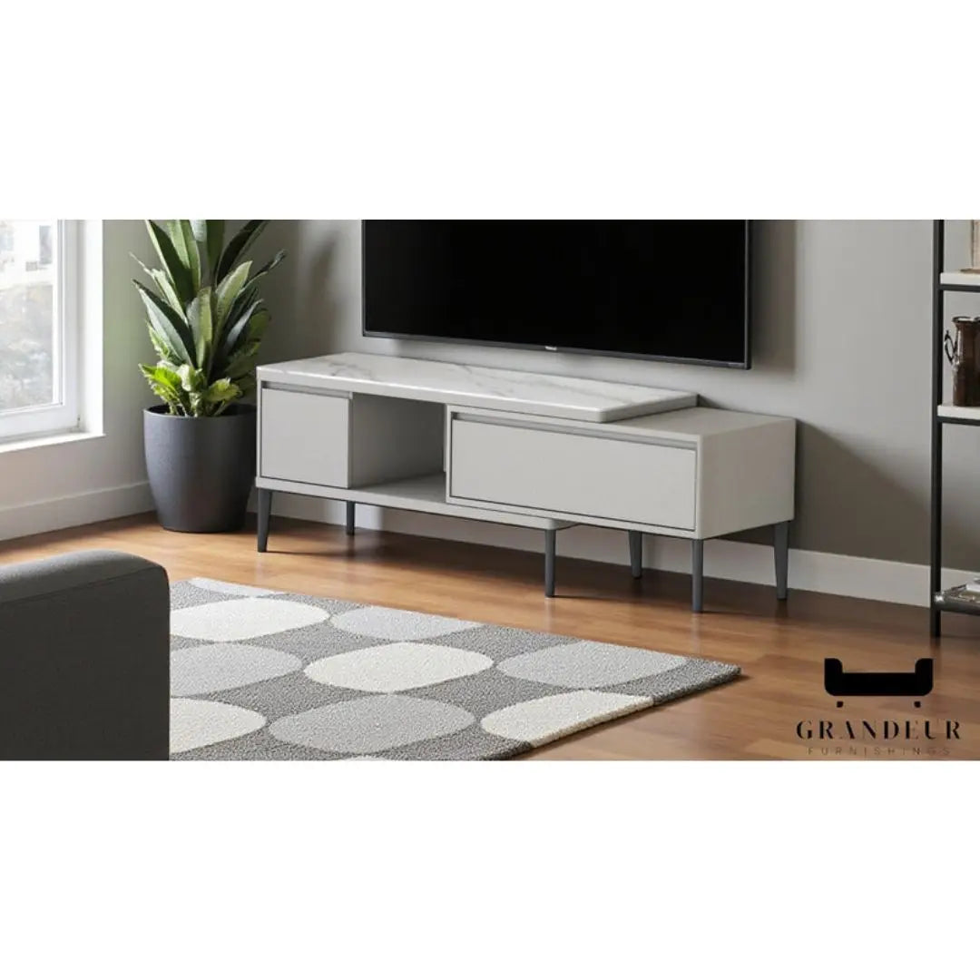 TV Console & Coffee Table Set – Gloss White or Gloss Grey Finish with Sintered Stone Top Grandeur Furnishings