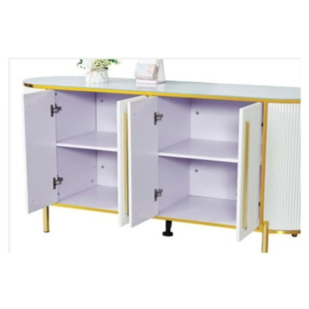 Elegant Curved Side Cabinet with Tempered Glass Top Grandeur Furnishings