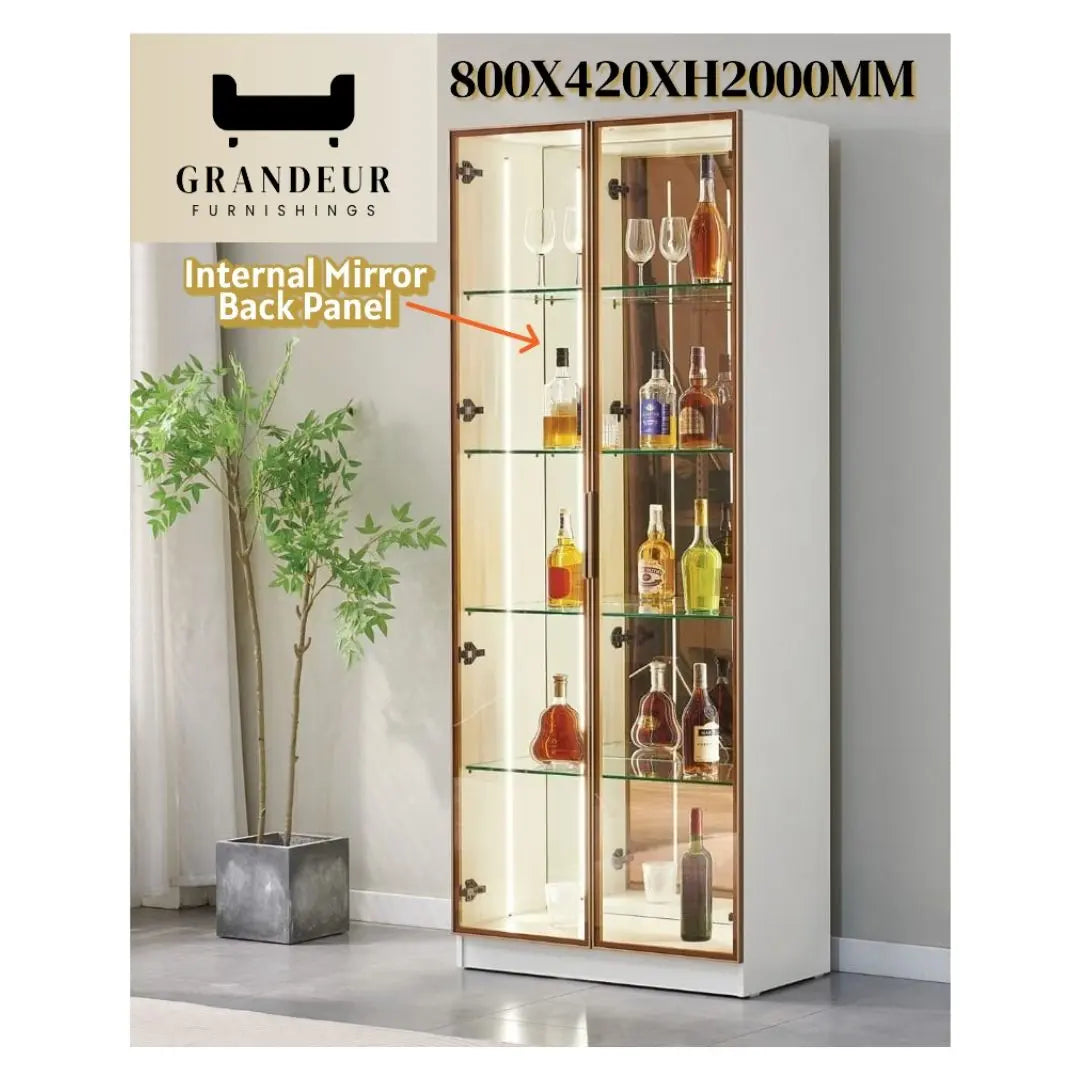 Glass Showcase Display Cabinet with LED & Mirror Back Grandeur Furnishings