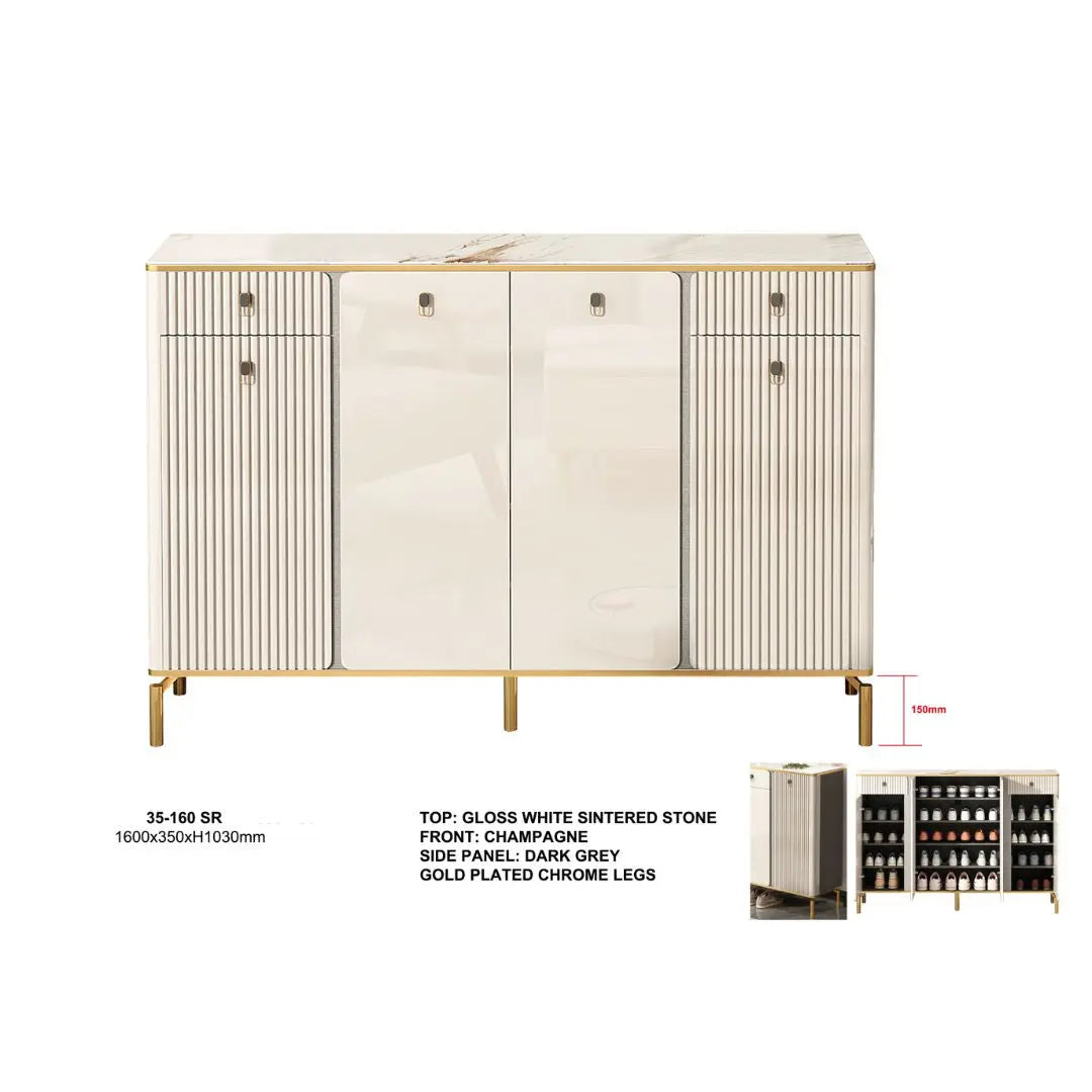 Elegant Shoe Cabinet with Gold-Plated Chrome Legs & Gloss White Sintered Stone Top Grandeur Furnishings