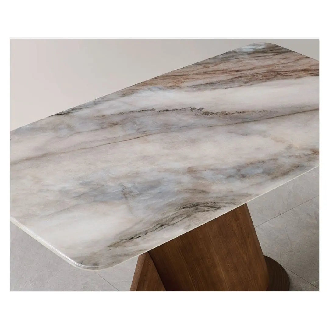 Elegant Marble Dining Table Set with Ash Wood Base & Leather Chairs 1+4 Grandeur Furnishings