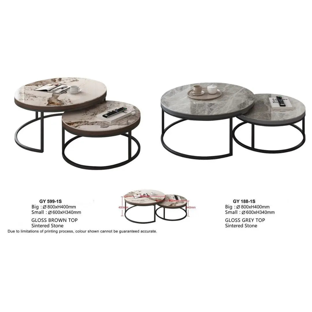 Elegant Round Nesting Coffee Table with Gloss Sintered Stone Top Grandeur Furnishings