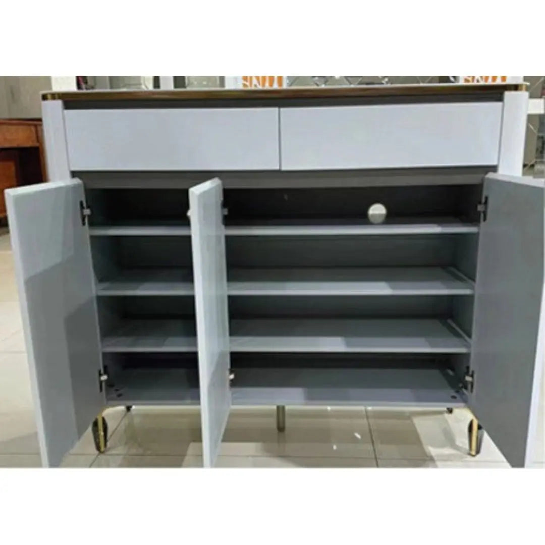 White Shoe Cabinet with Sintered Stone Top and Gold Accents Grandeur Furnishings