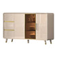 Elegant Gloss Light Khaki Side Cabinet with Gold Chrome Plated Accents & Tempered Glass Grandeur Furnishings
