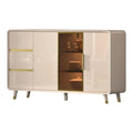 Light khaki side cabinet with drawers and central glass display, angled view