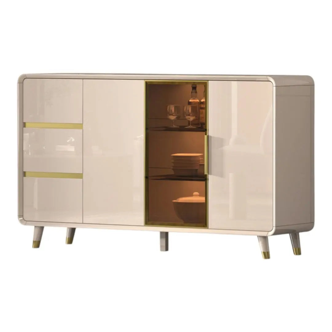Elegant Gloss Light Khaki Side Cabinet with Gold Chrome Plated Accents & Tempered Glass Grandeur Furnishings