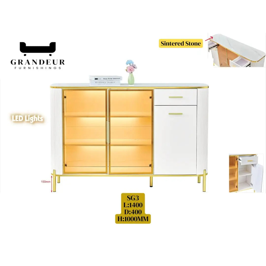 Glass Display Side Cabinet with LED Lights & Sintered Stone Top Storage Solution Grandeur Furnishings