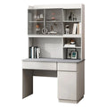 Grey desk with right drawer unit and upper storage shelves