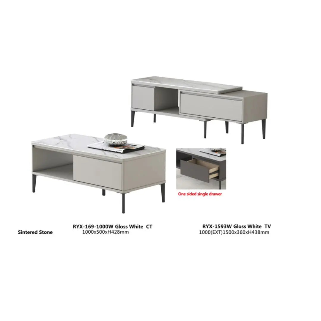 TV Console & Coffee Table Set – Gloss White or Gloss Grey Finish with Sintered Stone Top Grandeur Furnishings